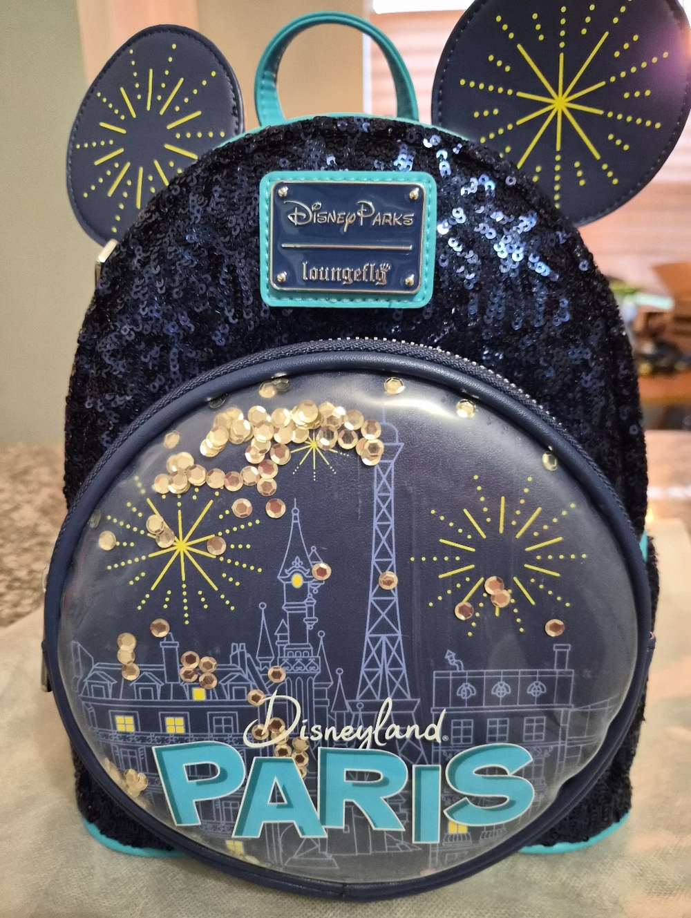 Loungefly Navy Sequin Paris Mini Backpack with Teal Accents